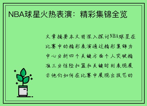 NBA球星火热表演：精彩集锦全览
